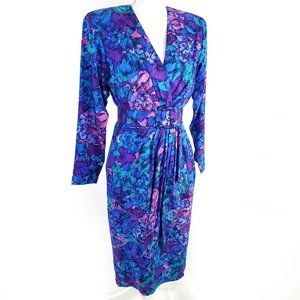 Vintage Gilligan 80s Silk Size 8 Dress Party Executive Secretary Purple Blue Pin